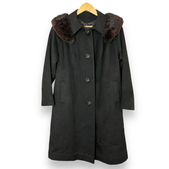Vintage 50s 60s Wool Coat Fur Collar Black Women Union Made‎ Overcoat Retro - Picture 1 of 16